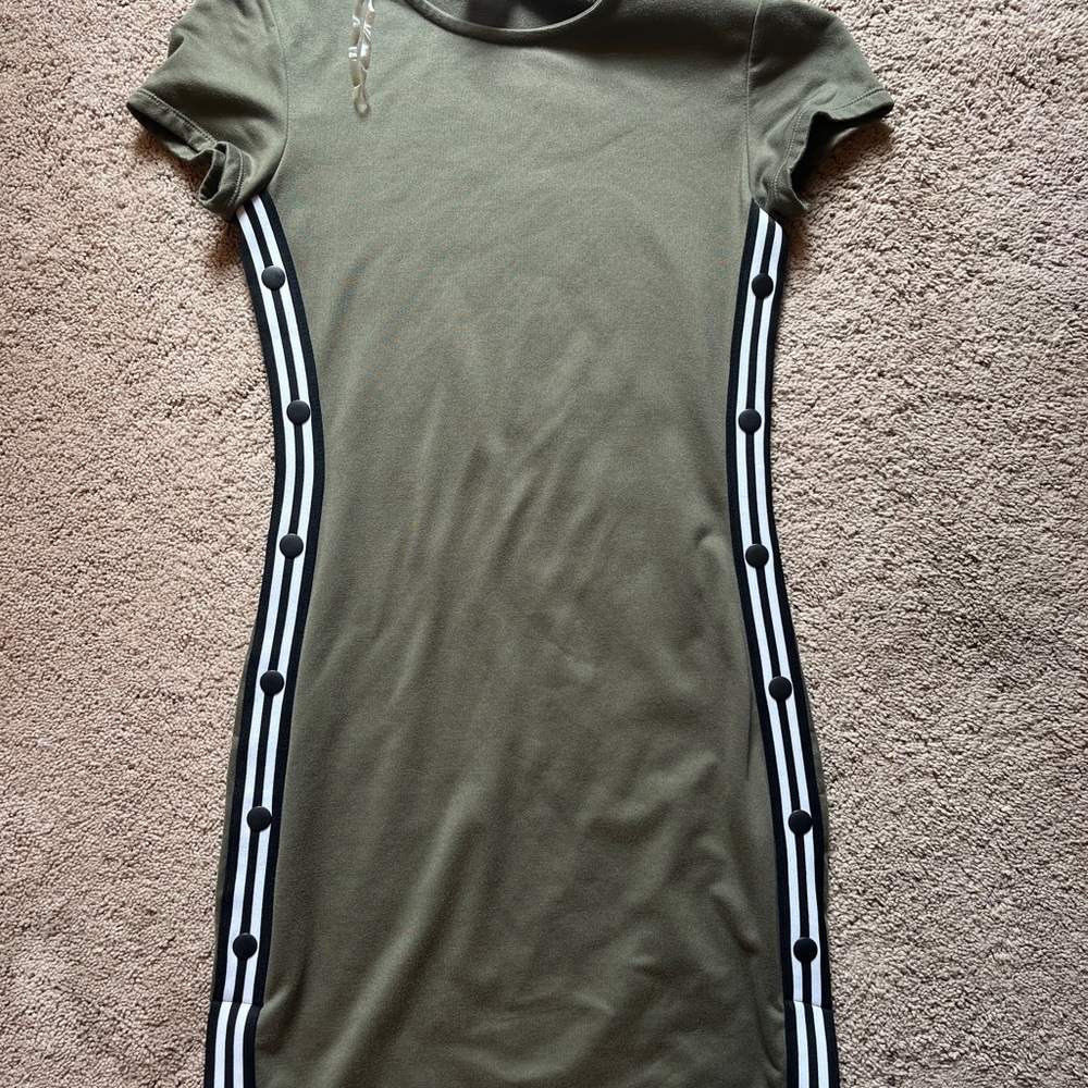 No Boundaries Olive Dress with Black and White Stripes